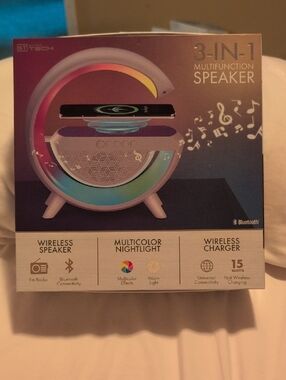 3-in-1 Wireless Speaker with Multicolor Nightlight and Wireless Charger - White